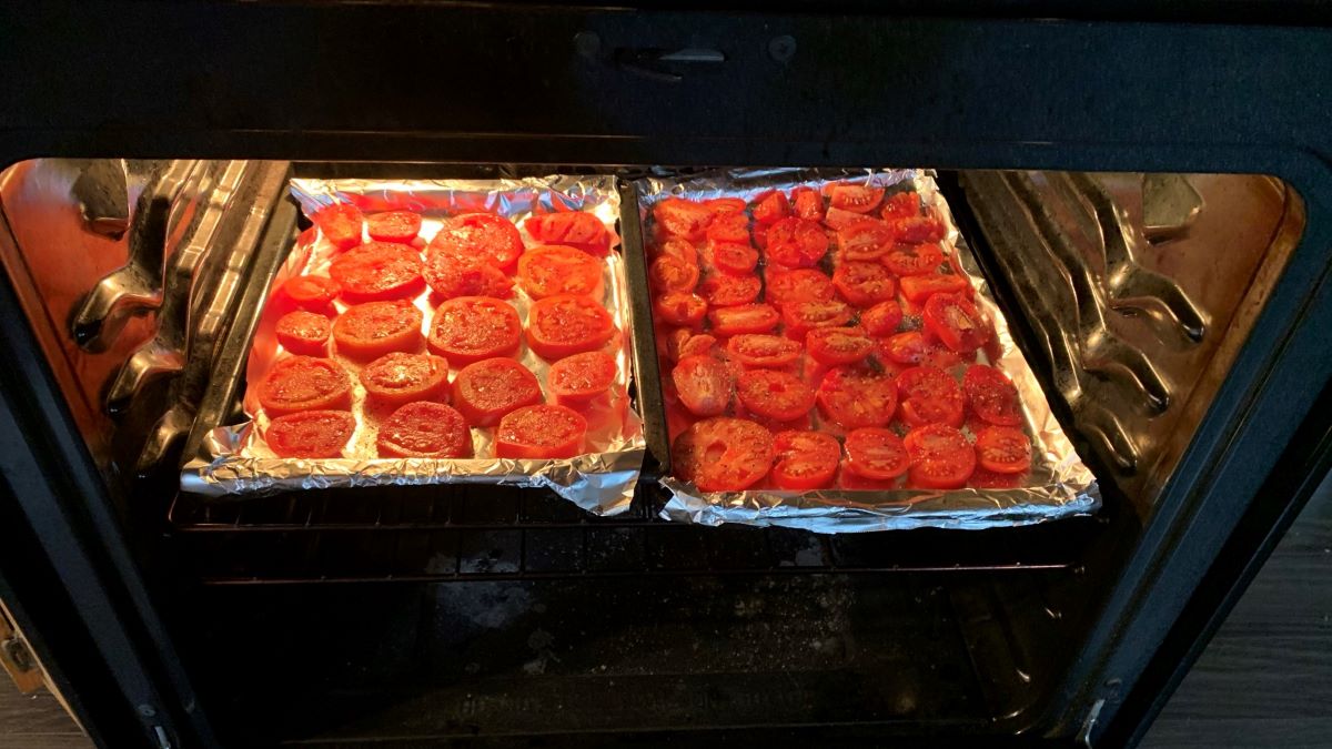 image of tomatoes roasting in oven